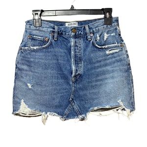 Agolde Distressed Blue Denim Mini Skirt